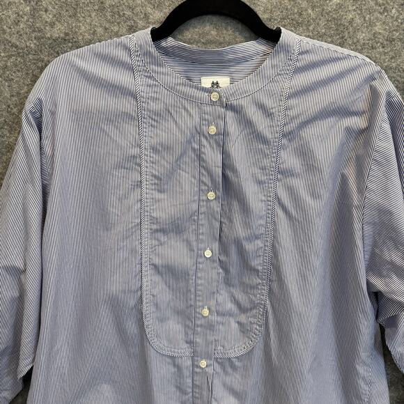 J Crew Shirt Women Size 14 Blue Cotton Thomas Mason Pin Stripe Tuxedo Bib Button - Picture 2 of 12